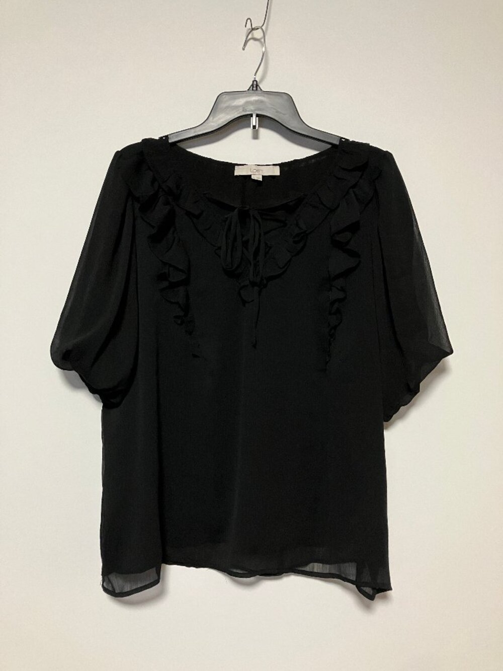 LOFT Black Double Layer Ruffle Blouse Tie Front Puff Sleeve Top Size XL